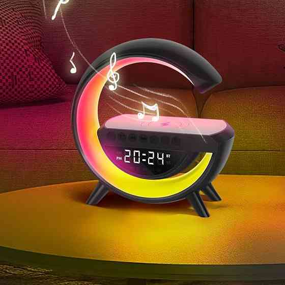 Лампа-нічник BT-3401, з бездротовою зарядкою, Чорний/Настільна лампа з колонкою та будильником Київ