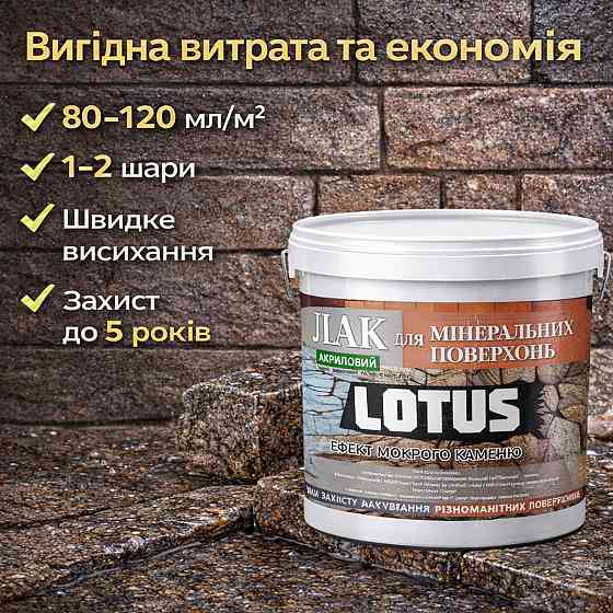Фасадний лак для каменю та цегли LOTUS «Мокрий камінь» глянцевий акриловий прозорий для фасаду, бетону та дерева 3 л Харків