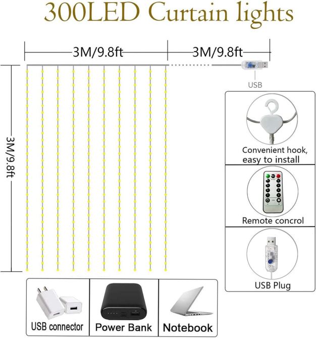 LED-гирлянда штора Lezonic 3×3 м 300 LED, теплый белый, 8 режимов, таймер, пульт ДУ, USB 5 В, IP65 Киев - изображение 7