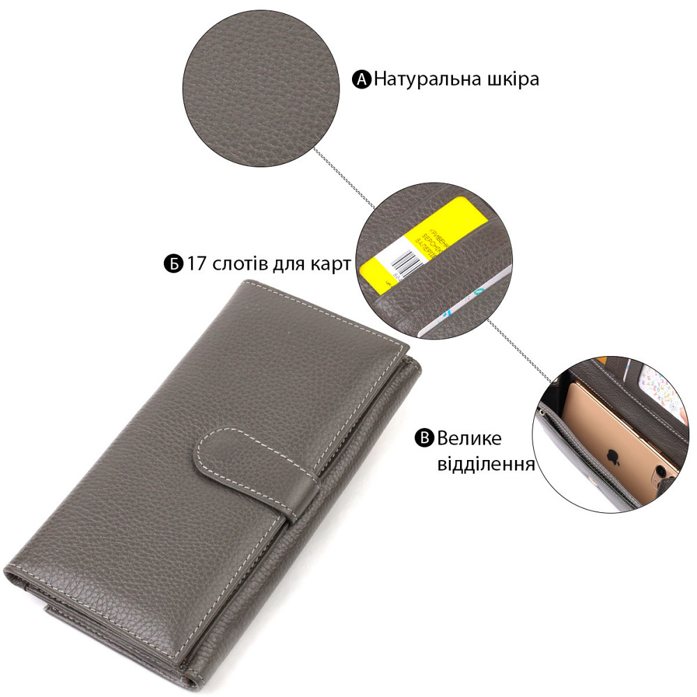 Вместительное женское портмоне из натуральной кожи флотар CANPELLINI 21851 Серое Киев - изображение 4