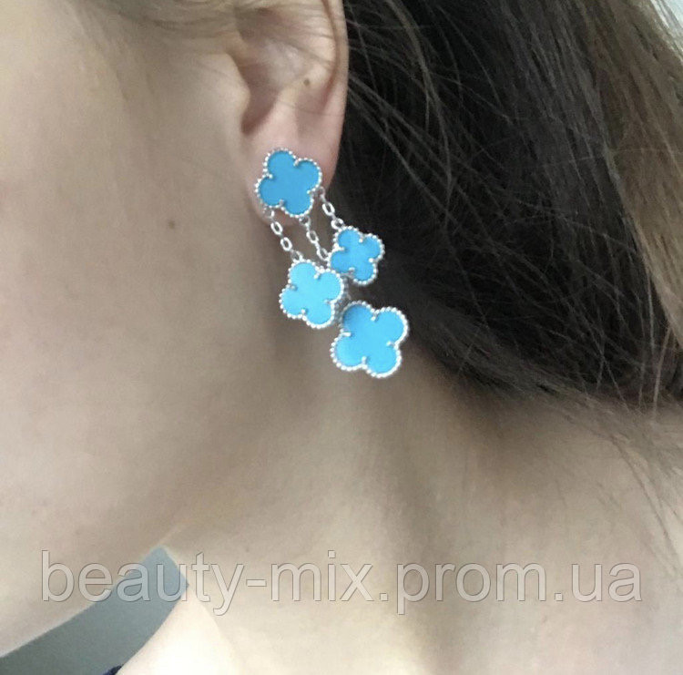 Серьги голубые на 4 элемента / покрытие белым золотом / Vancleef Ванклиф сережки под бирюзу Одесса - изображение 4