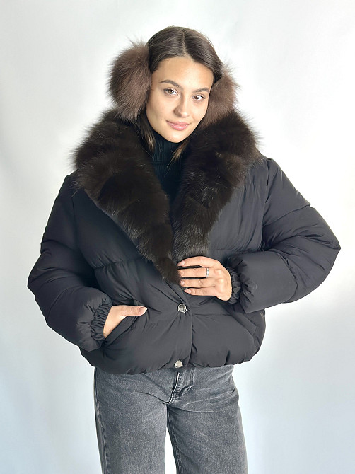 Жіноча куртка пуффер з натуральним хутром песця Чорний S Харків - фото 1