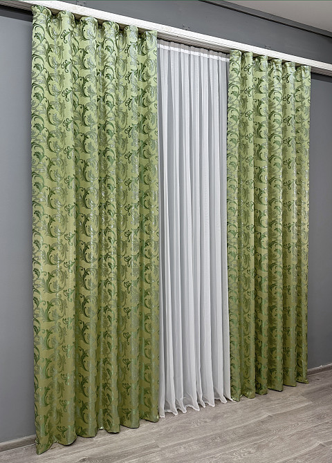 Комплект готовых штор VR-Textil Жаккард Завиток с люрексом № 1649ш Оливковый 145х270 см 2 шт (33-0531) Киев - изображение 4