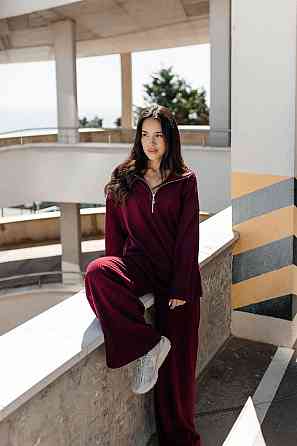 Женский повседневный оверсайз костюм двойка: кофта и штаны трикотаж пума рубчик Бордо Одесса