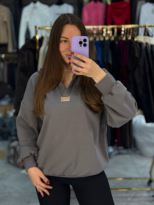 Женское теплое худи с вырезом коттоновый трикотаж на меху Серый, 42/44 Одесса - изображение 1