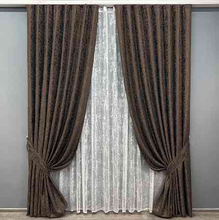 Комплект штор VR-Textil Льон Мармур 150х270 2шт і Тюль 600х270 1910ш-1400т Венге з білим 71-138/5 Київ