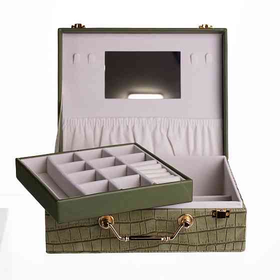 Скринька для прикрас з еко шкіри 19 відділень з дзеркалом 23.5×14×8 см Зелений HP-5-20GR Коломыя