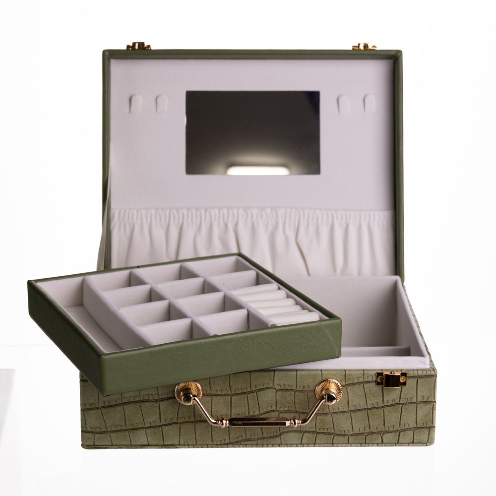 Скринька для прикрас з еко шкіри 19 відділень з дзеркалом 23.5×14×8 см Зелений HP-5-20GR Коломия - фото 5