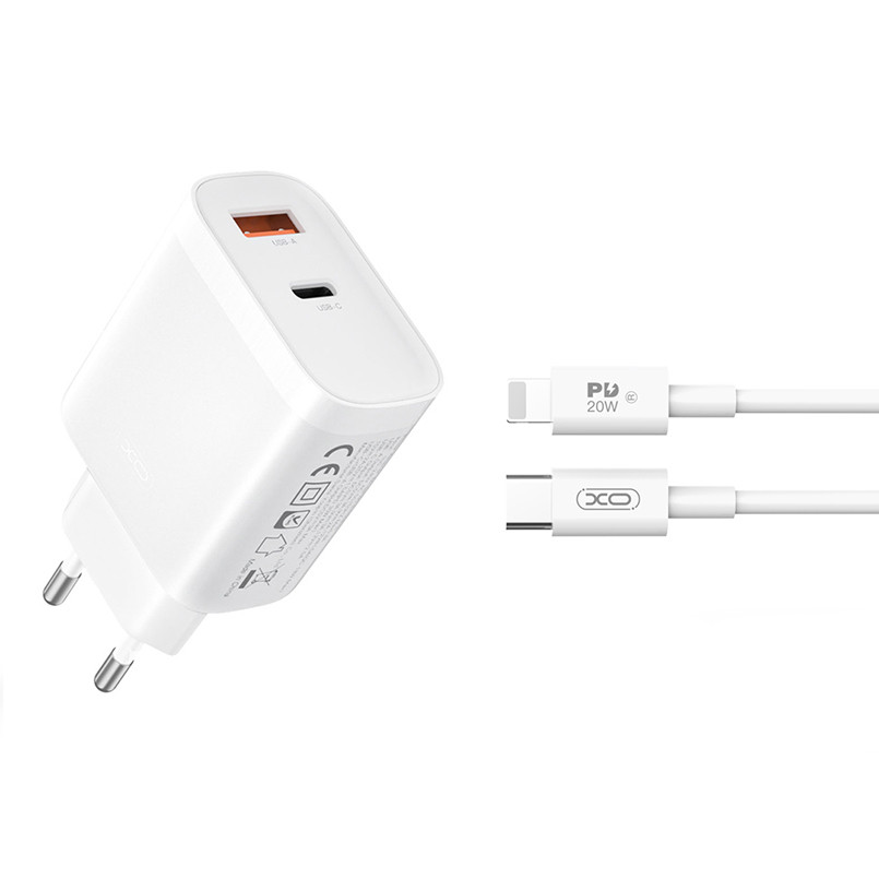 Мережевий зарядний пристрій XO L116 PD30W/QC18W 1USB-C+1USB-A + Lightning кабель білий Львів - фото 1