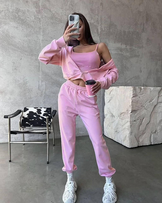Жіночий прогулянковий костюм-трійка: кофта топ і штани двонитка Рожевий, 42/44 Одеса - фото 1