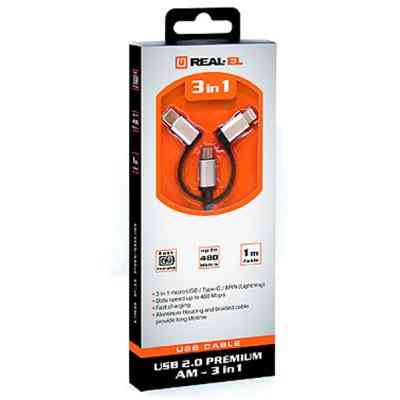Дата кабель USB 2.0 AM to 3in1 1.0m Premium black REAL-EL (EL123500035) Винница