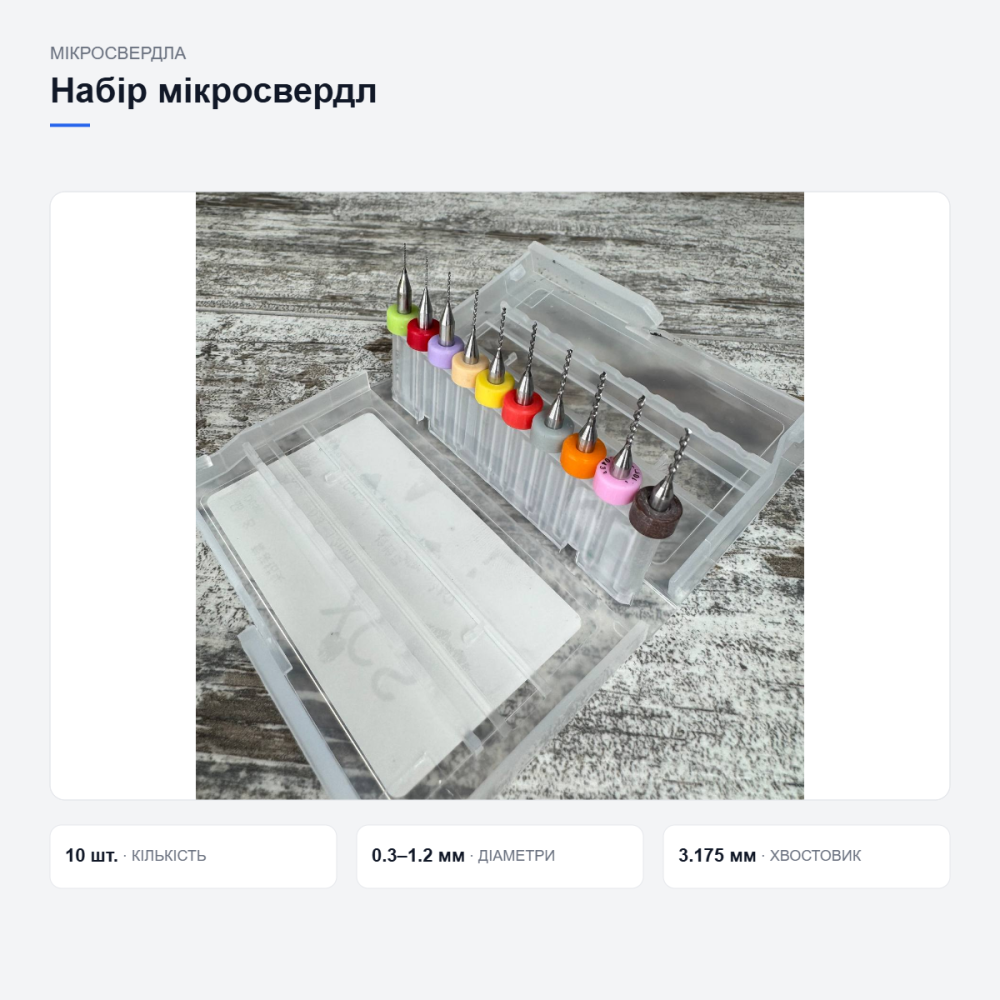 Набір мікросвердл 10 шт 0.3–1.2 мм з карбіду вольфраму для дриля, дремеля, ЧПУ та плат Київ - фото 16