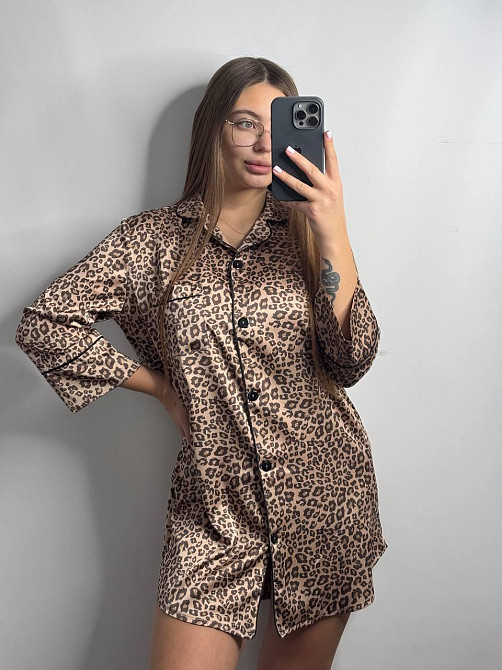 Женская ночная рубашка удлиненная шелковая Леопард 4 L Харьков - изображение 1