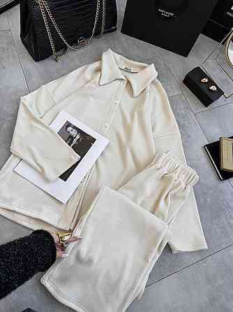 Женский базовый теплый оверсайз костюм двойка: рубашка и штаны турецкая двухсторонняя ангора рубчик Одесса