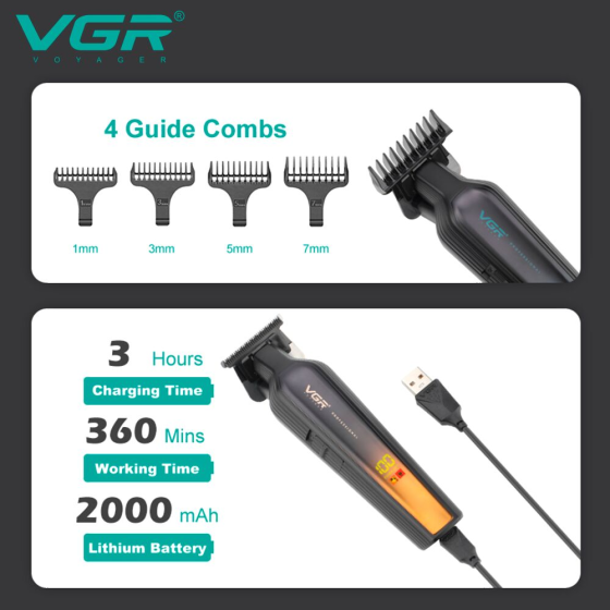Машинка для стрижки VGR V-930: 7 Вт, 7000 об/хв, 2000 мА·год, до 360 хв, LED, 4 насадки, USB та метал Одеса