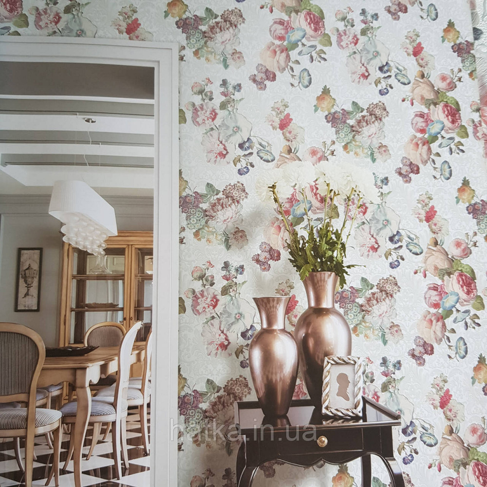 Шпалери метрові вінілові на флізелін Yuanlong Samsara квіти троянди, півонії блакитний рожевий червоний на Київ - фото 1