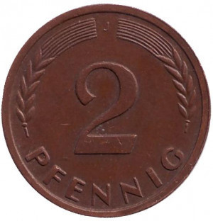 Дубовые листья. Монета 2 пфеннига. 1948-89 год (J), ФРГ..(Г) Полтава - изображение 1