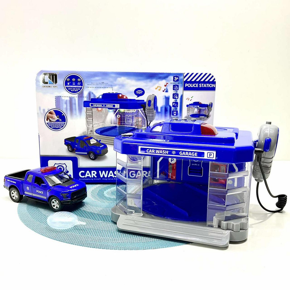 Набір Поліцейський автомийка металопластикова машинка підсвічування парогенератор звуки рухомі елементи мікрофон Синій (CLM 888) Чернигов - изображение 2