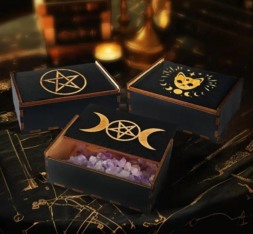 Деревянная коробка для хранения Таро с Пентаграммой и Полумесяцами – портативный контейнер для карт  Киев - изображение 3
