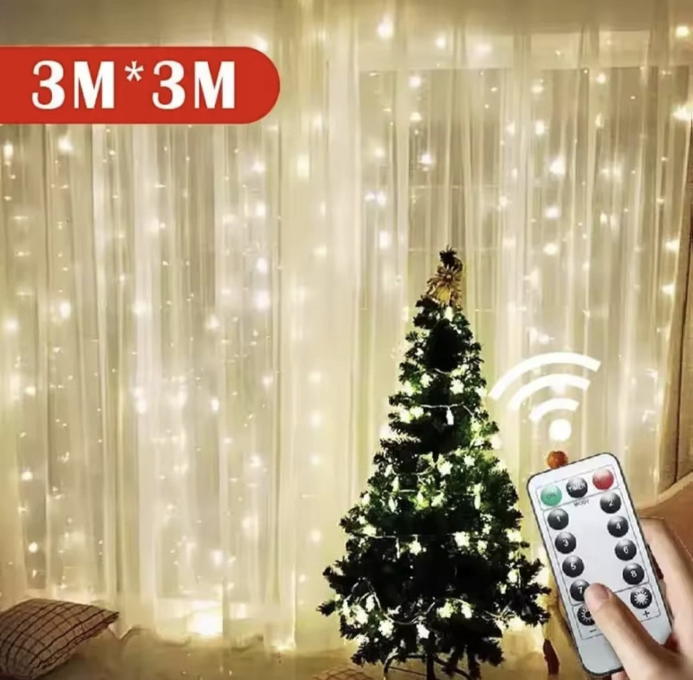 Світлодіодна гірлянда штора роса 3х3 м 300 led з USB і пультом керування (Теплий білий) Сміла - фото 1
