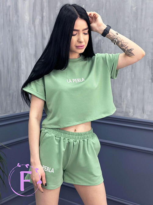 Костюм спортивний з шортами "La perla" оптом | Розпродаж моделі Фісташковий, 46-48 Київ - фото 1