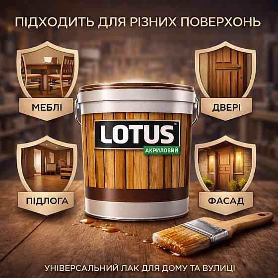 Лак для дерева кольоровий LOTUS Сосна, глянцевий, зносостійкий, для меблів та підлоги, без запаху, 5 л Харків