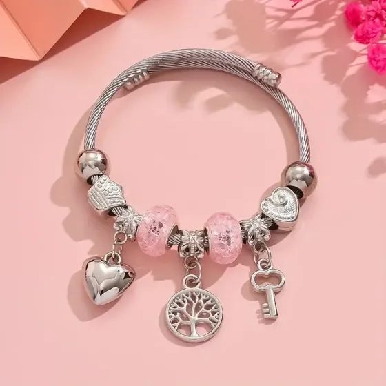 Браслет с розовыми бусинами и шармами — дерево жизни, сердце и ключ Киев