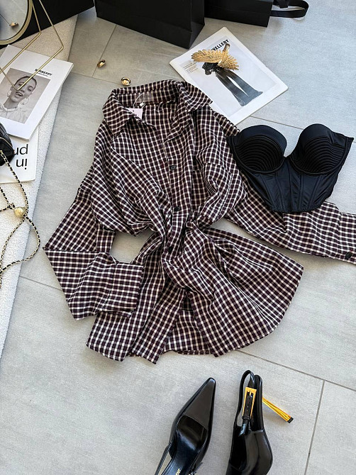 Жіноча сорочка оверсайз у дрібну карту костюмний тіар Сливовий Одеса - фото 7