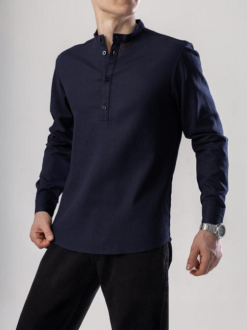 Рубашка из льна мужская синяя однотонная синяя. Рубашка casual на пуговицах синяя Pobedov Exlnt Киев - изображение 4