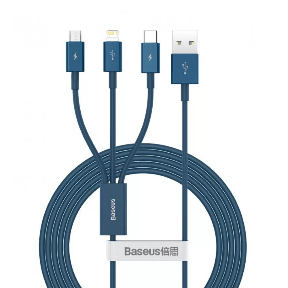 Кабель Baseus 3в1 Fast Charging MicroUSB+TypeC+Lightning 3.5A CAMLTYS-03 (Блакитний, 1.5 м) Миколаїв - фото 2