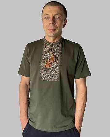 Мужская футболка вышиванка хаки с коричневым орнаментом Киев