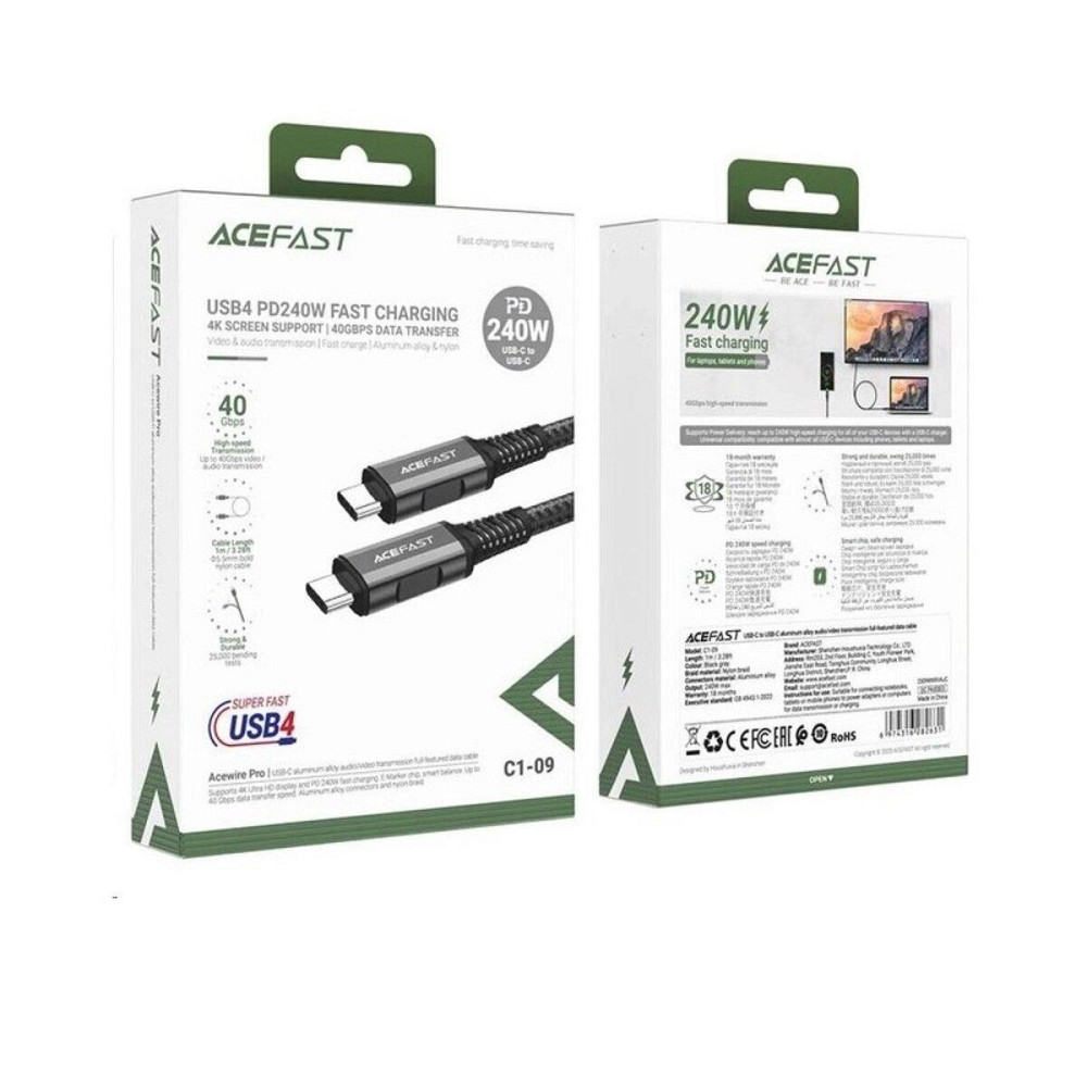 Кабель ACEFAST C1-09 USB-C - USB-C aluminum alloy audio/video transmission full-featured data cable Black Одесса - изображение 4