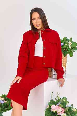 Женский стильный костюм двойка: жакет и юбка микровельвет Красный, 46 Одесса