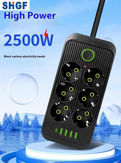 Сетевой фильтр удлинитель 2 м 6 розеток и 5 USB QC PD 10А 2.5 кВт EU-2506PD защита устройств Киев - изображение 3