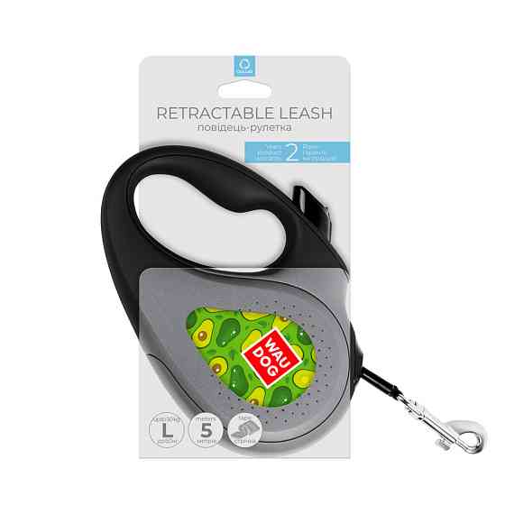 Повідець-рулетка для собак WAUDOG R-leash, малюнок "Авокадо", L, до 50 кг, 5 м, світловідбивна стрічка чорний Вінниця