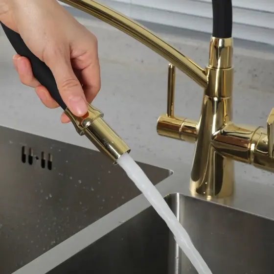 Змішувач для кухні з підключенням до фільтру GAPPO G4398-13 гнучкий вилив, золото/чорний Київ