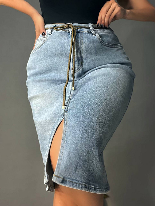 Спідниця жіноча джинсова Ladyn 802 з розрізом середня довжина пояс блакитна, блакитний, З6, 36, 100 см, 116 см Київ - фото 4