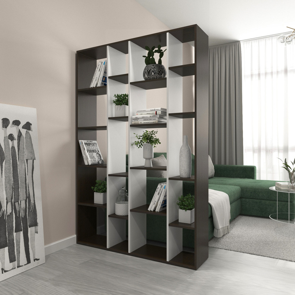 Стеллаж VAYS D-2 Венге Темный-Белый, книжная полка с 20 ячейками, этажерка из ЛДСП для дома, игрушек и декора, 117×30×178 см Львов - изображение 1