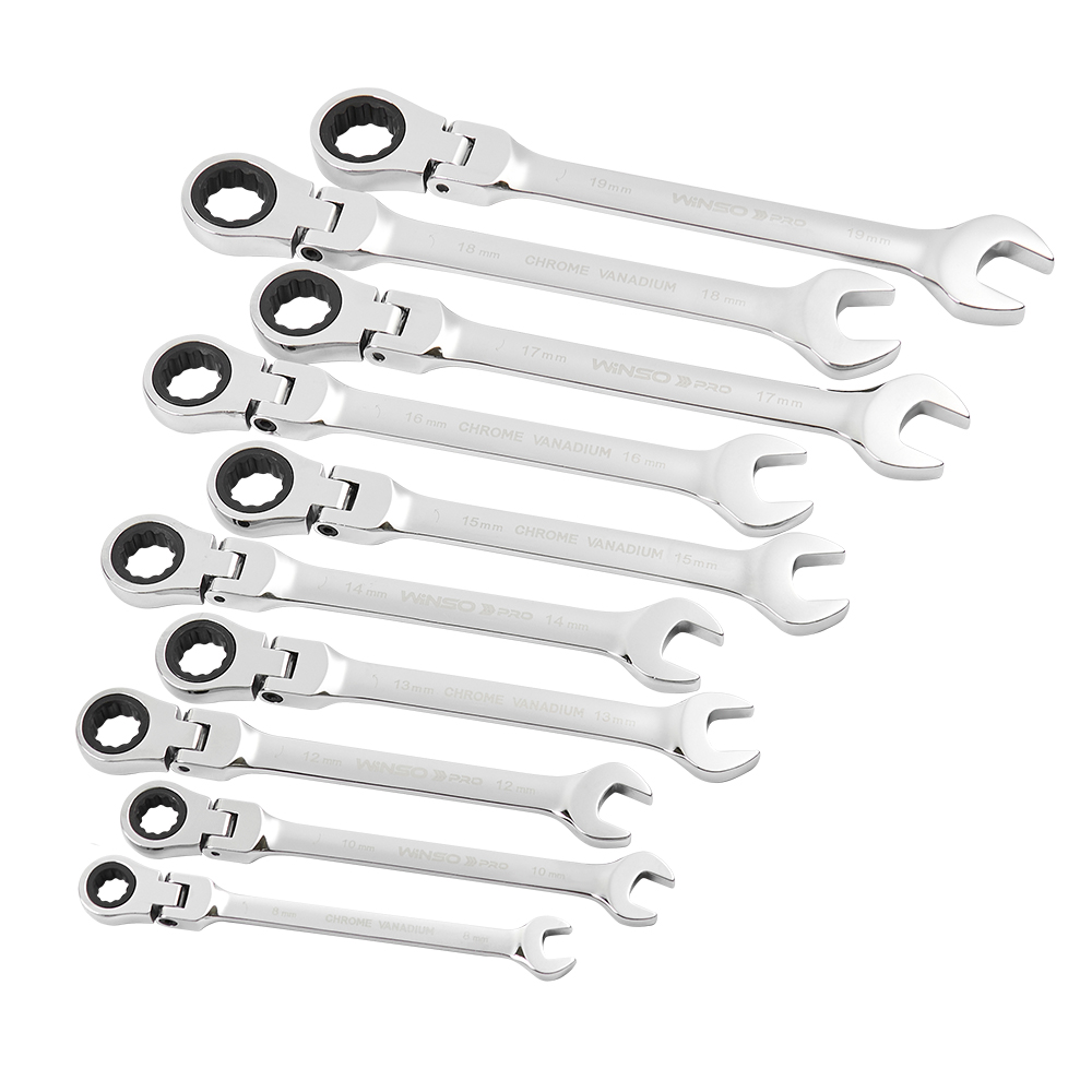 Набор комбинированных ключей с трещоткой и карданом WINSO PRO Cr-V, 10 шт (8–19 мм), в держателе Киев - изображение 3