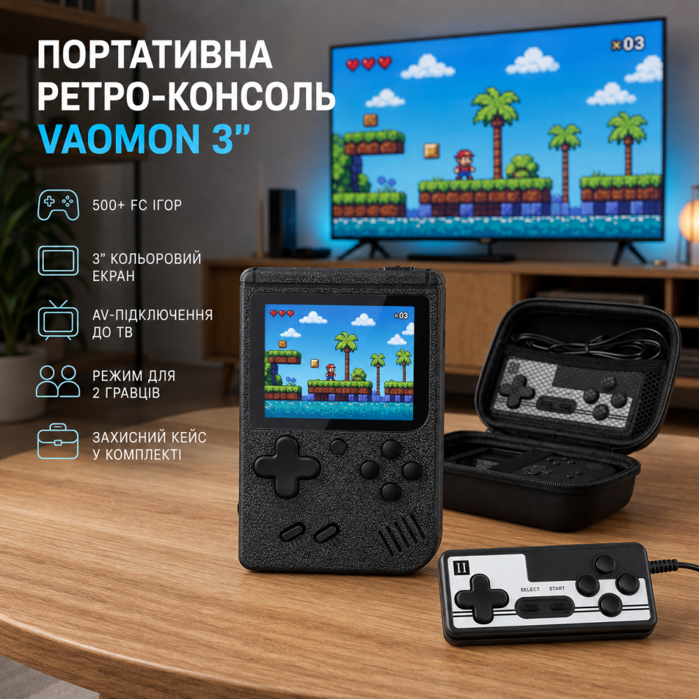 Портативная ретро-консоль Vaomon 3″, 500+ FC игр, AV для ТВ, 2 игрока, джойстик, защитный кейс, черная Киев - изображение 9