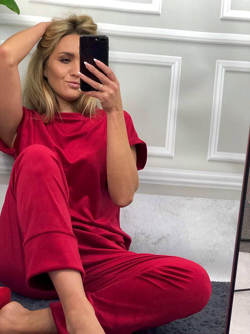 Пижама-комплект (футболка+шорти+штаны) из плюшевого велюра вишневый M Харьков - изображение 5