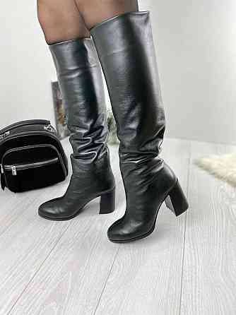 Injers Чоботи жіночі INJERS темно-зелені натуральна шкіра зима євро-хутро висота 41см каблук 8с Коломыя