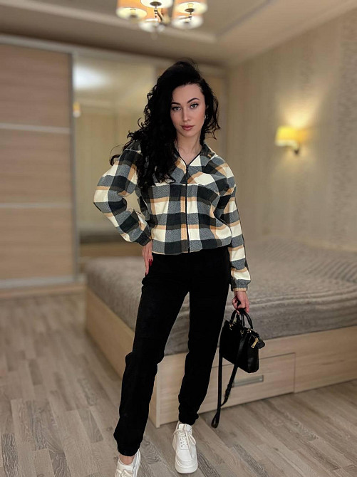 Женский прогулочный теплый костюм: кофта в клетку и штаны турецкий двусторонний флис Черный, 46/48 Одесса - изображение 1