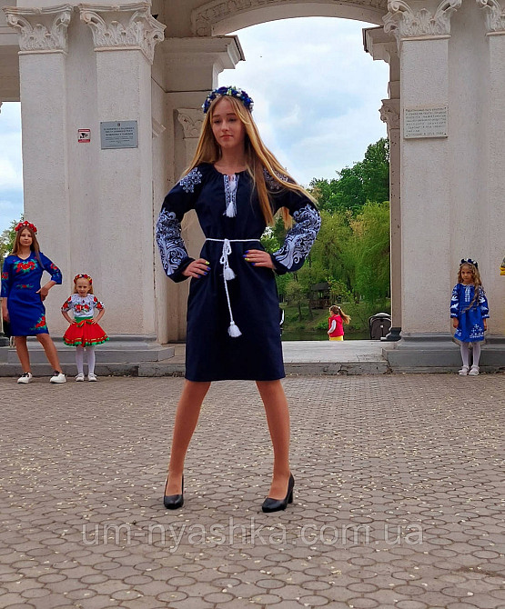 Натуральне лляне плаття вишиванка жіноча темно-синя блуза з вишивкою "Дерево життя" р.ХЛ-3ХЛ Кривий Ріг - фото 2