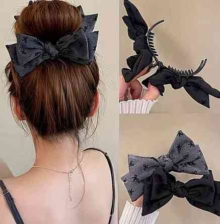 Заколка бант для волос на крабе, тканевая заколка бант черная и серая, набор 2 шт Киев