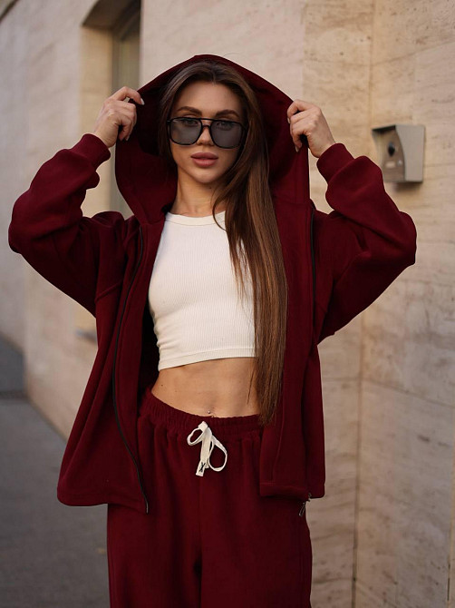 Женский теплый повседневный костюм двойка из турецкого двустороннего флиса Бордо Одесса - изображение 3