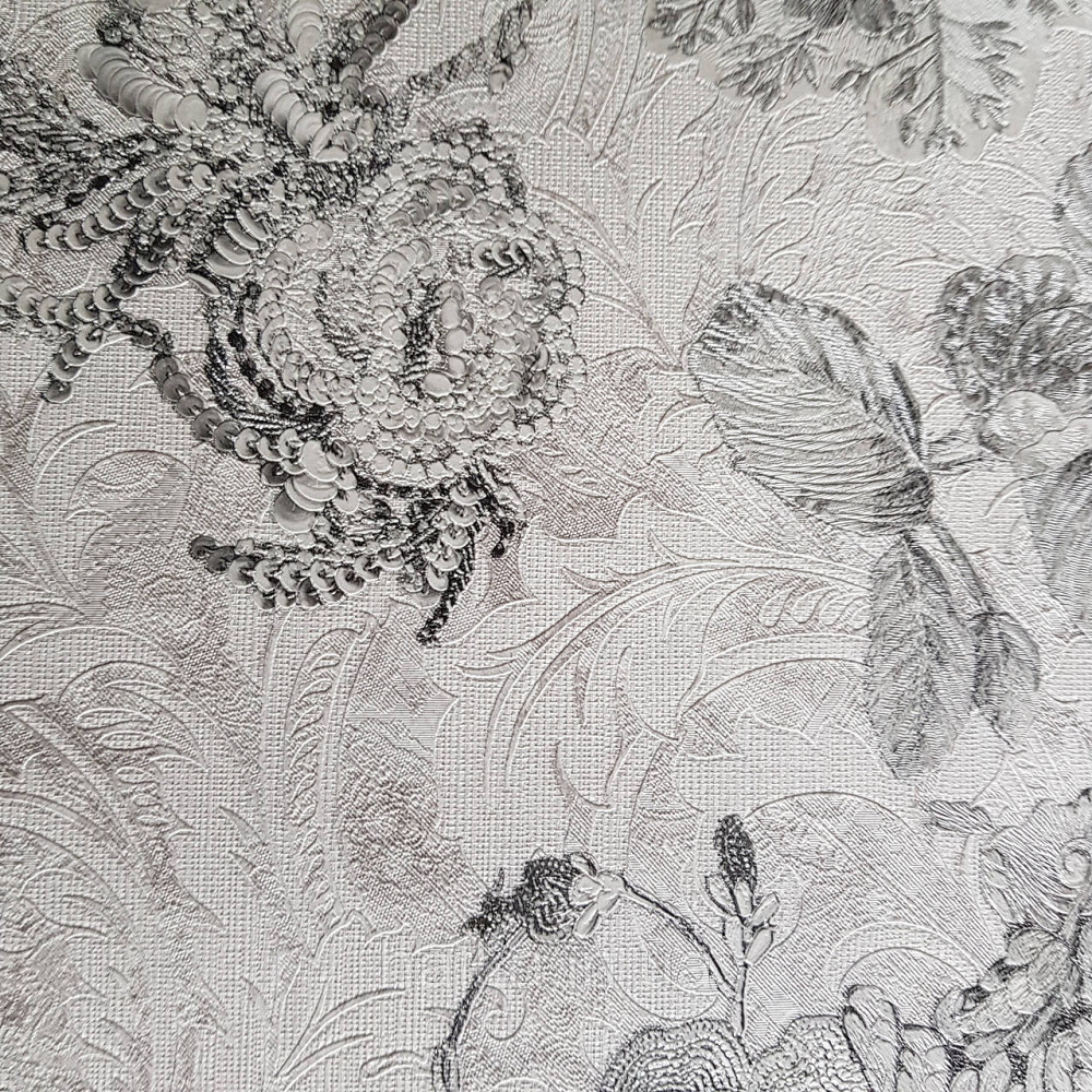 Шпалери метрові вінілові на флізелін Yuanlong Samsara бароко квіти вензель чорні на білому сріблясті Київ - фото 4