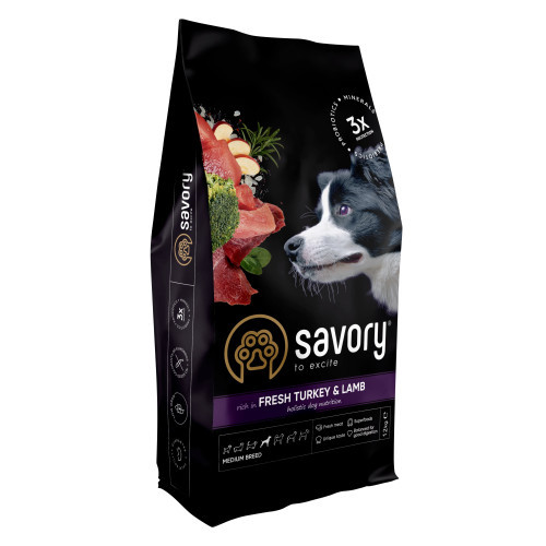 Корм сухий Savory Medium Breed rich in Fresh Turkey and Lamb для дорослих собак середніх порід від 10 до 25 кг зі свіжим ягн Київ - фото 1