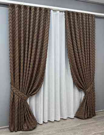 Комплект штор VR-Textil Лен Букле 200х270 2шт и Тюль 600х270 1814ш-115т Коричневый с белым 71-037/7 Киев