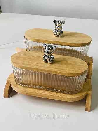 Набір для зберігання "Два ведмедя" скляна з бамбуковою кришкою та підставкою 350 мл Київ